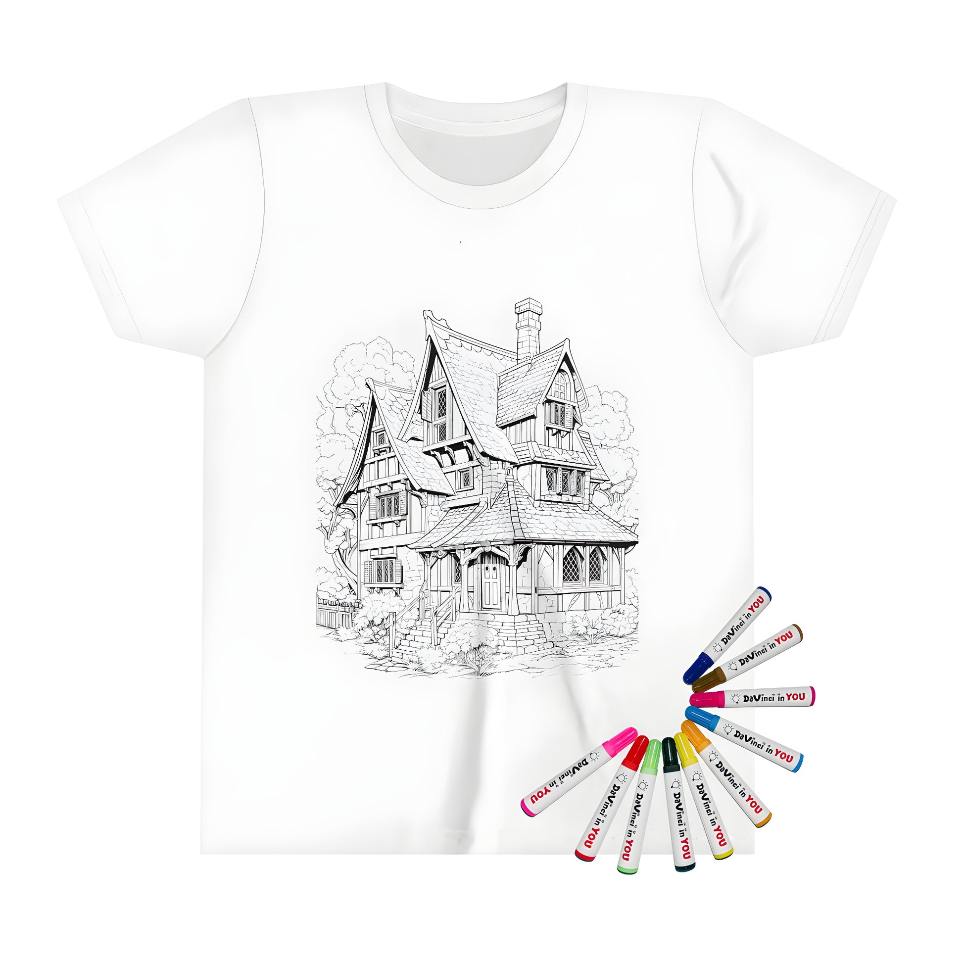 Child's t-shirt featuring a whimsical cottage design with intricate details, perfect for kids who love art and imagination.