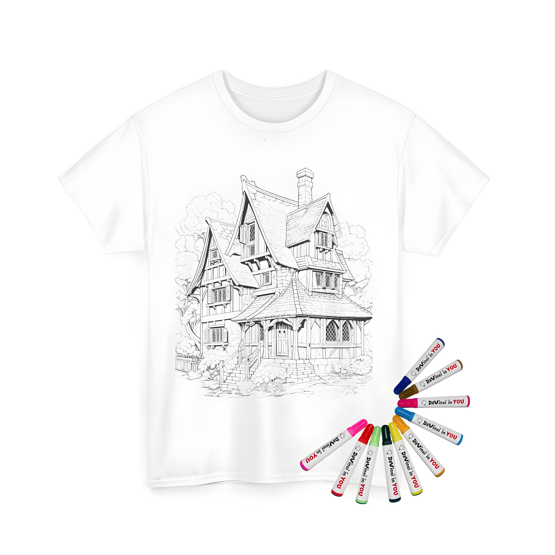 Unisex t-shirt featuring a colorful cottage design with intricate details of gabled roofs, windows, and surrounding trees. Perfect for fans of rustic charm and whimsical illustrations.