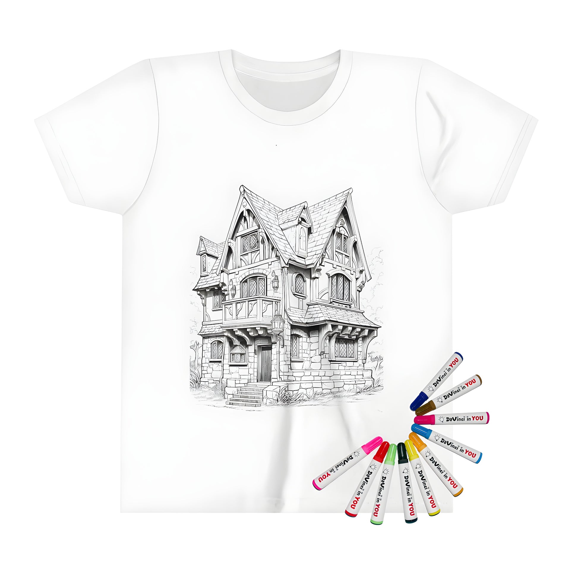 A child's t-shirt featuring a colorful cottage scene with a balcony, wooden door, and ornate windows, perfect for kids who love to draw