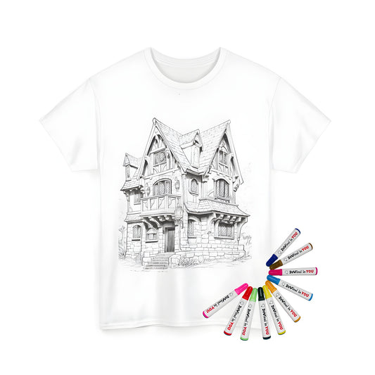 Unisex T-shirt with colorful cottage design featuring a balcony, wooden door, and ornate windows on a natural fabric