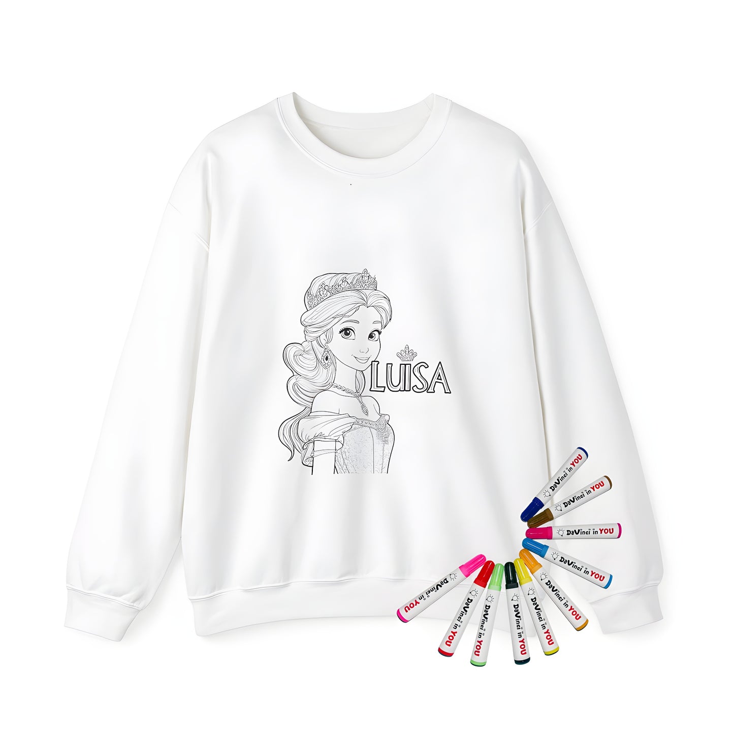 Adult sweatshirt featuring a detailed coloring page design of Princess Luisa wearing a tiara and ornate dress