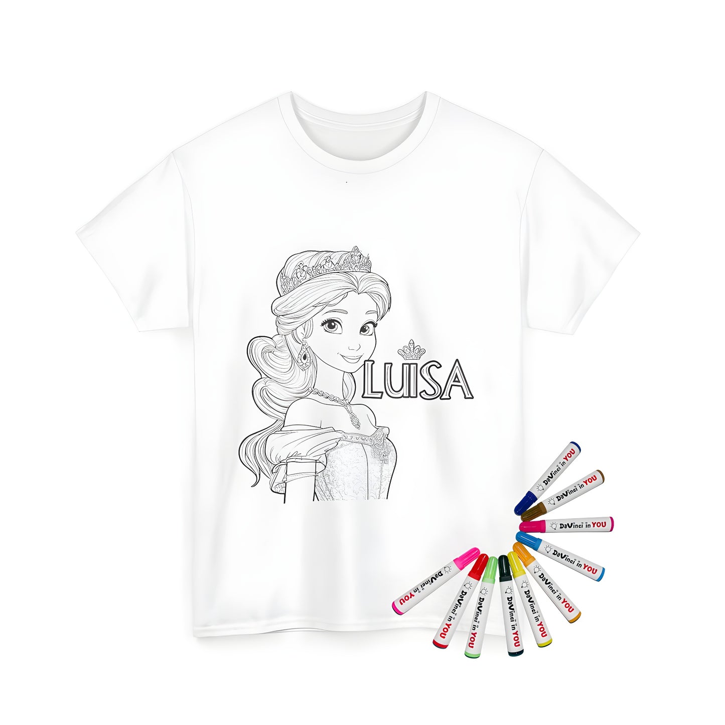 Unisex t-shirt featuring a coloring page design of Princess Luisa wearing a tiara and an ornate dress, with her name beside her. Includes fabric markers for coloring. Perfect for kids who love princesses or royal themed activities.