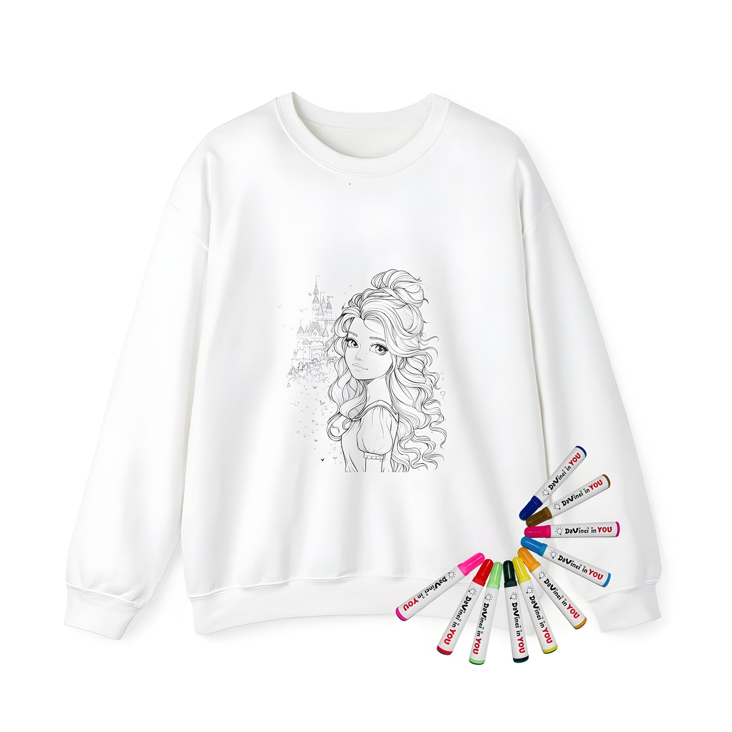 Adult sweatshirt with whimsical castle princess illustration