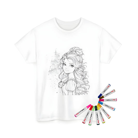 Castle themed coloring page t-shirt design, Unisex tee, prince and princess inspired