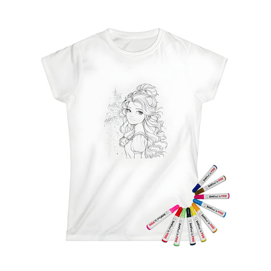 Women's t-shirt featuring a beautiful Black and white drawing of a princess with long wavy hair and a castle in the background. Perfect for fans of fairy tale romance and whimsical fashion.