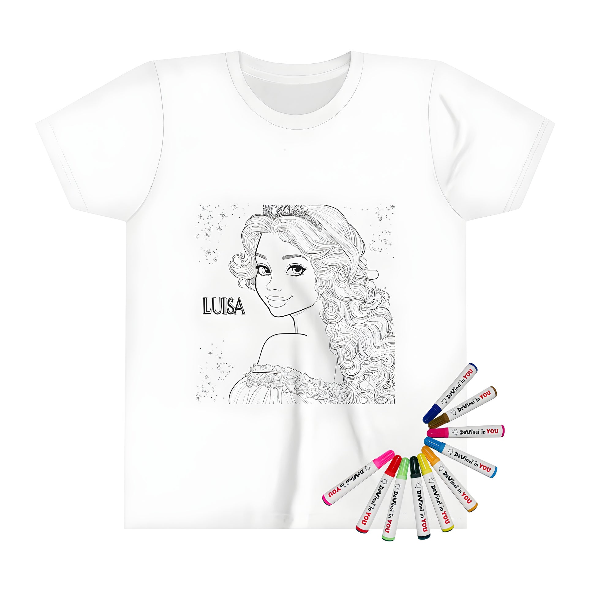 Kid's t-shirt design featuring princess Luisa with curly hair and tiara, surrounded by sparkles, royalty-inspired art