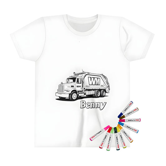 Coloring page design of a garbage truck on a kid's t-shirt, featuring a black and white line art image of 'Benny' with vibrant fabric markers