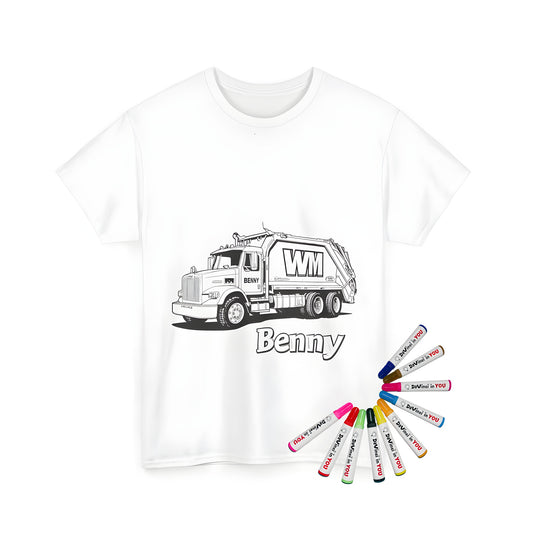 Unisex t-shirt featuring a fun and colorful garbage truck Benny design