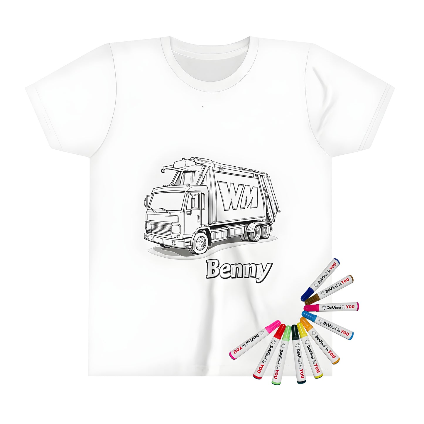 Kid's coloring kit with fun and educational fabric markers and a cool black and white outline drawing of a garbage truck cartoon with WM label and Benny written underneath on a colorful kid's t-shirt