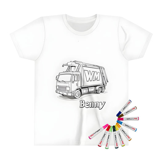 Kid's coloring kit with fun and educational fabric markers and a cool black and white outline drawing of a garbage truck cartoon with WM label and Benny written underneath on a colorful kid's t-shirt