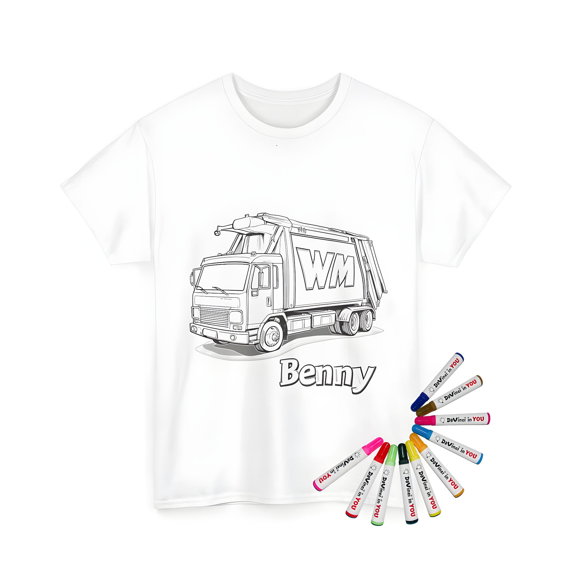 Coloring kit on a black and white unisex t-shirt featuring an outline of a garbage truck with 'WM' labeled on the side and 'Benny' written underneath, great for kids who love trucks