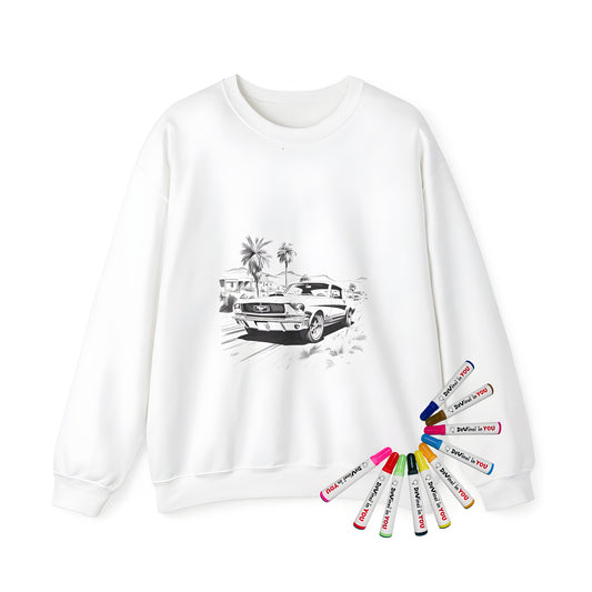 Adult sweatshirt featuring a detailed black and white illustration of a classic car (muscle car, vintage automobile) driving in a desert area with palm trees in the background.