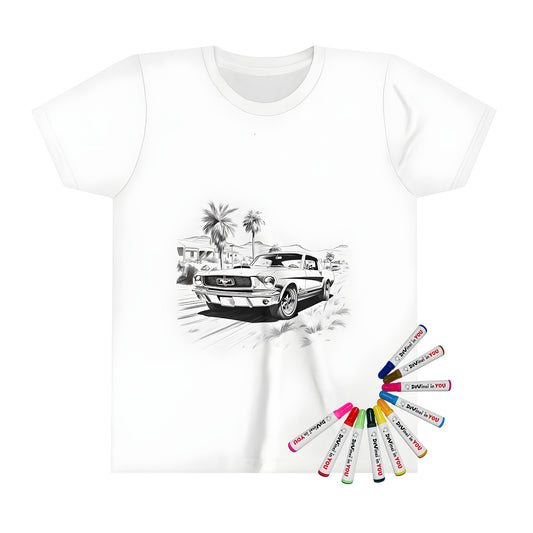 Kid's t-shirt featuring a fun and colorful design of a classic car illustration