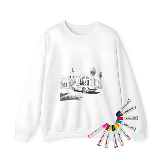 Adult sweatshirt with classic automobile art, nostalgic car illustration, and vintage style vehicle design