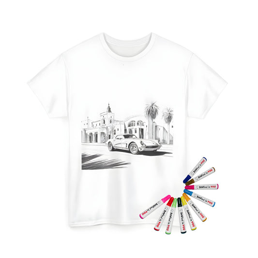 Unisex T-shirt featuring an original vintage car illustration, historic building, palm trees, and sunny street design