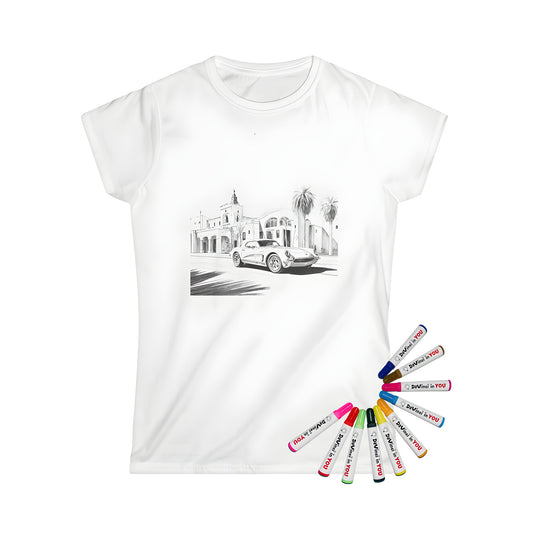 A classic motorcar illustration on a women's t-shirt, printed with fabric markers