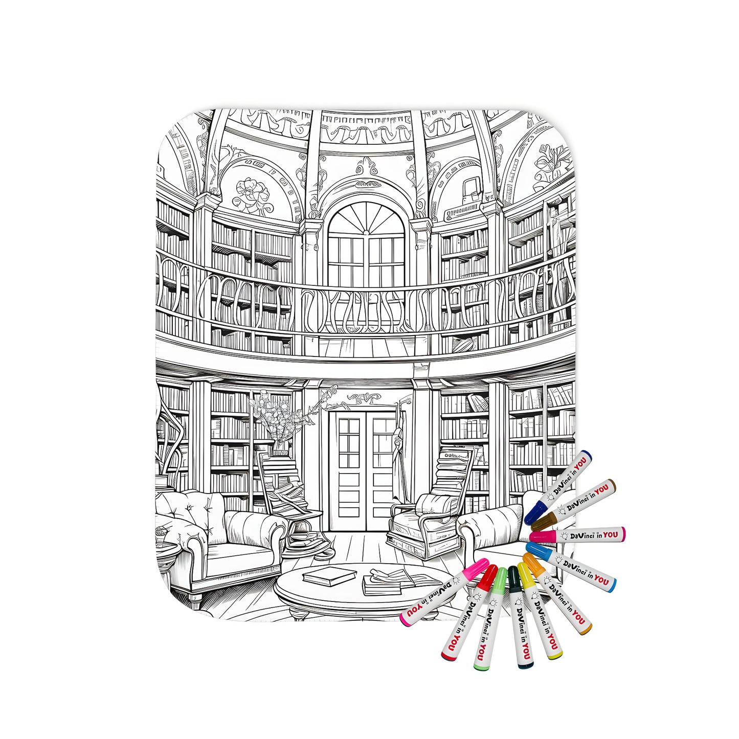 Cozy study blanket with detailed library illustration