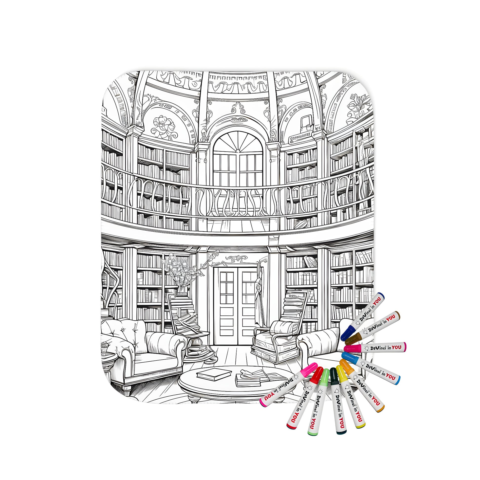 Cozy study blanket with detailed library illustration