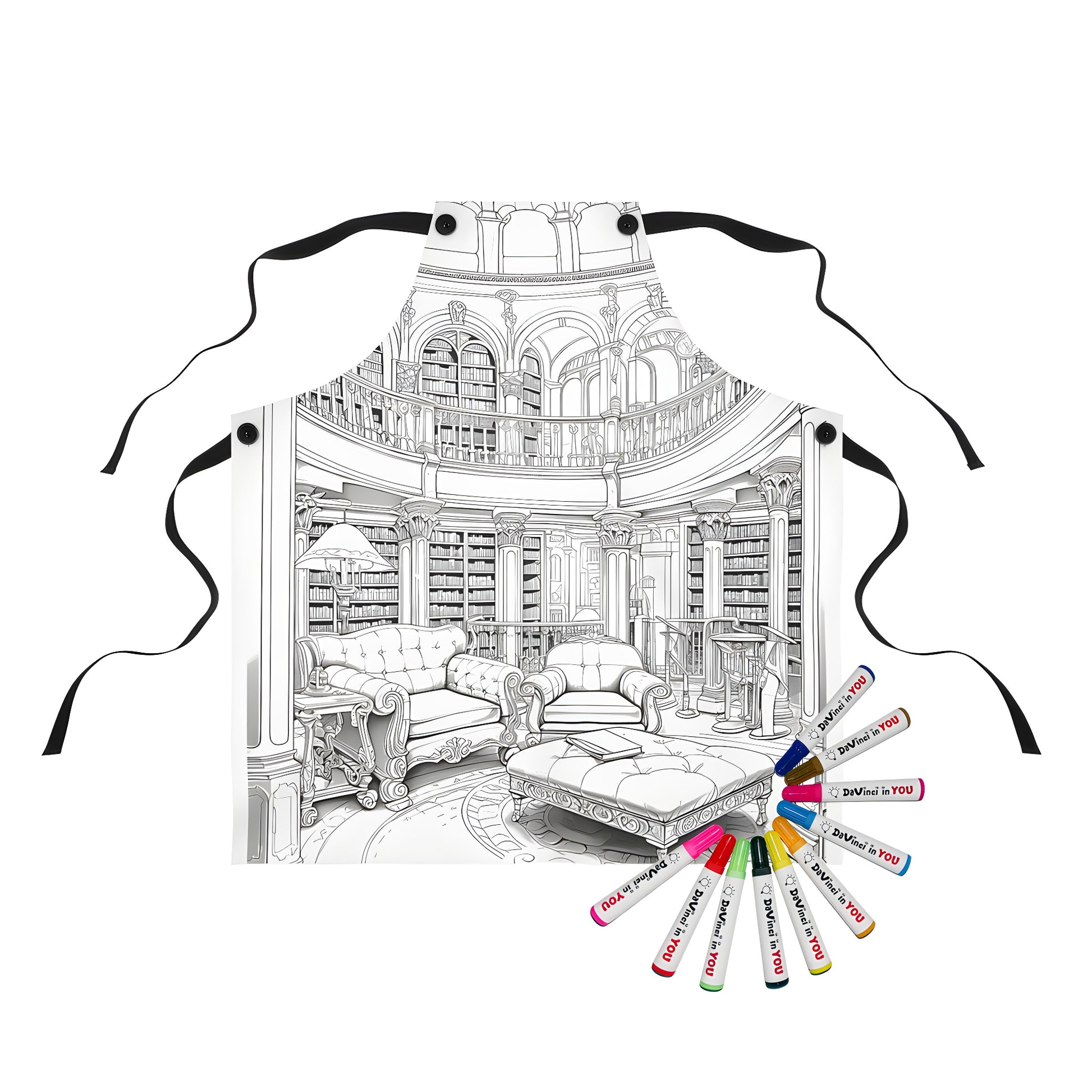 Apron with a vintage library-inspired design featuring tall bookshelves, domed ceiling, and intricate architectural details.