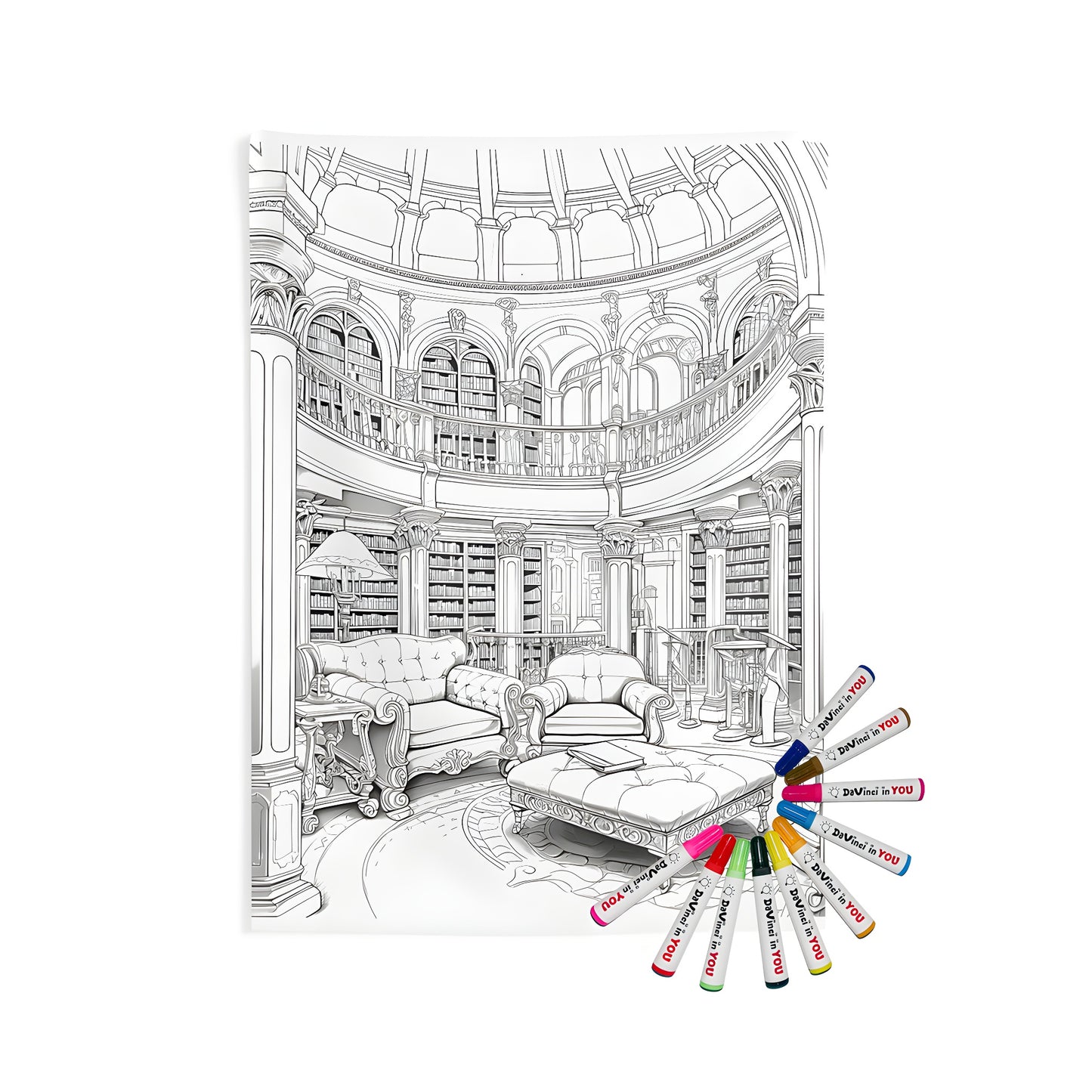 Indoor wall tapestries for sale, featuring a detailed illustration of an elegant library with high ceilings and luxurious furniture