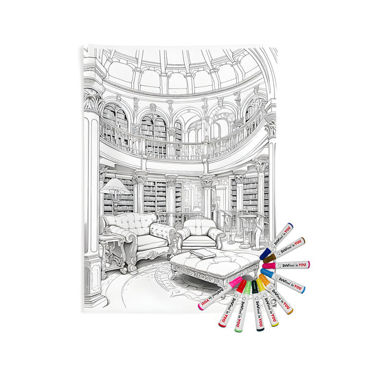 Indoor wall tapestries for sale, featuring a detailed illustration of an elegant library with high ceilings and luxurious furniture