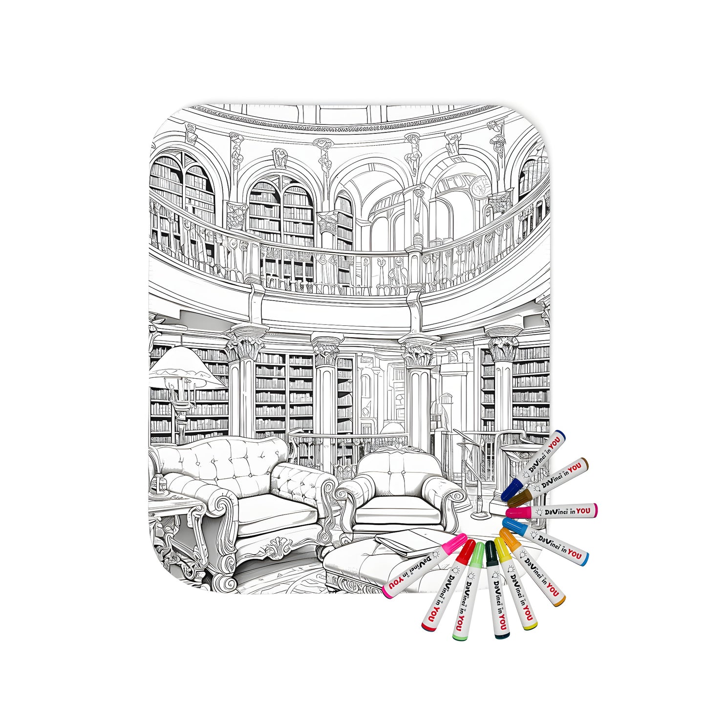 A vibrant blanket featuring an ornate library scene, complete with tall bookshelves, domed ceiling, luxurious furniture, and intricate details