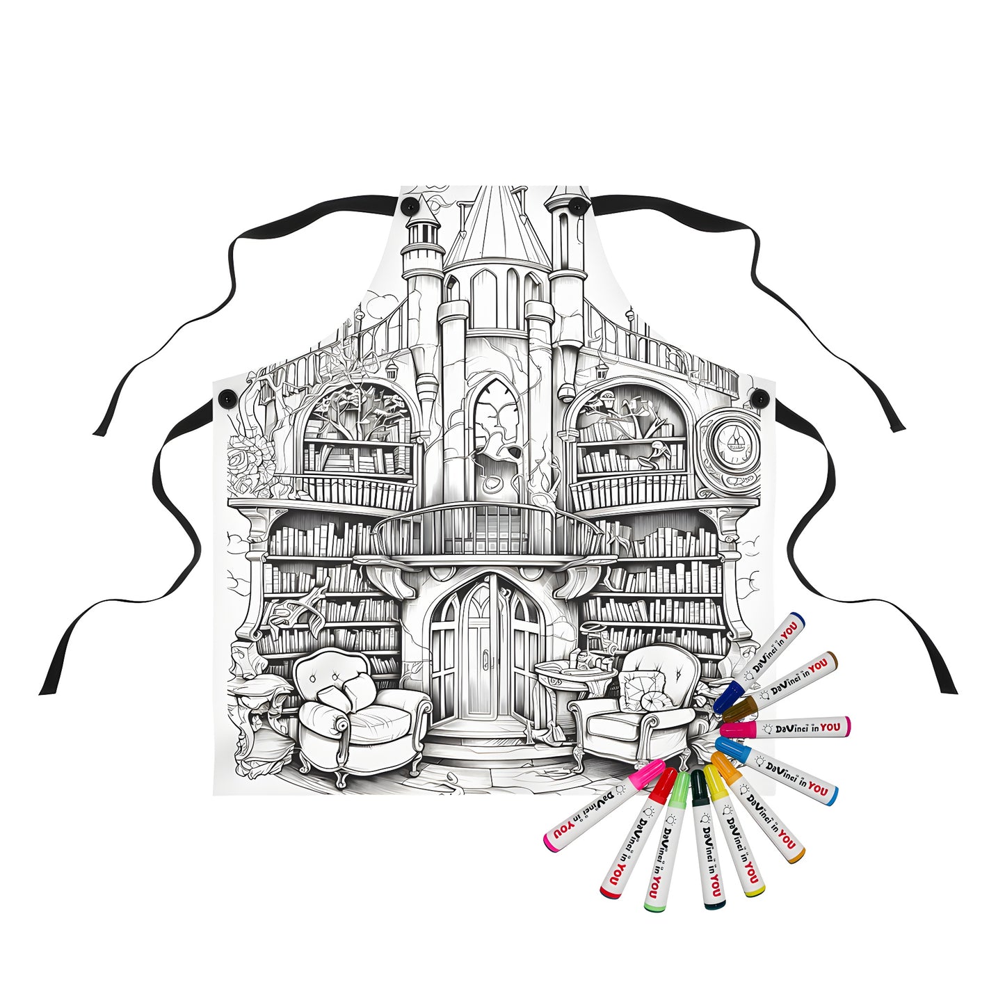 Intricate black and white library castle illustration apron