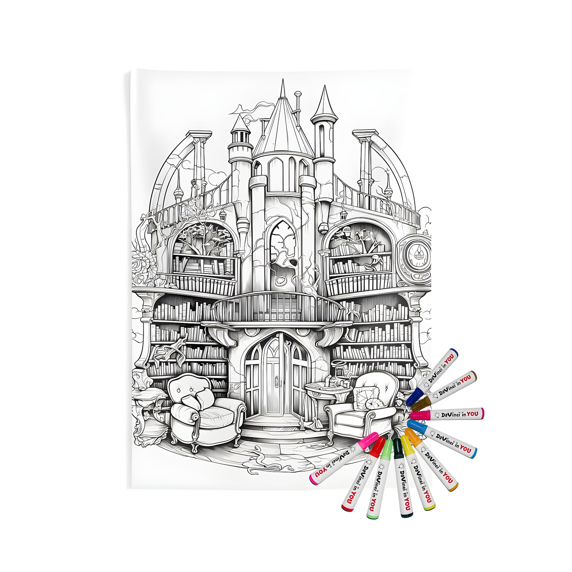 Fantastical library castle wall tapestries and coloring kits with fabric markers