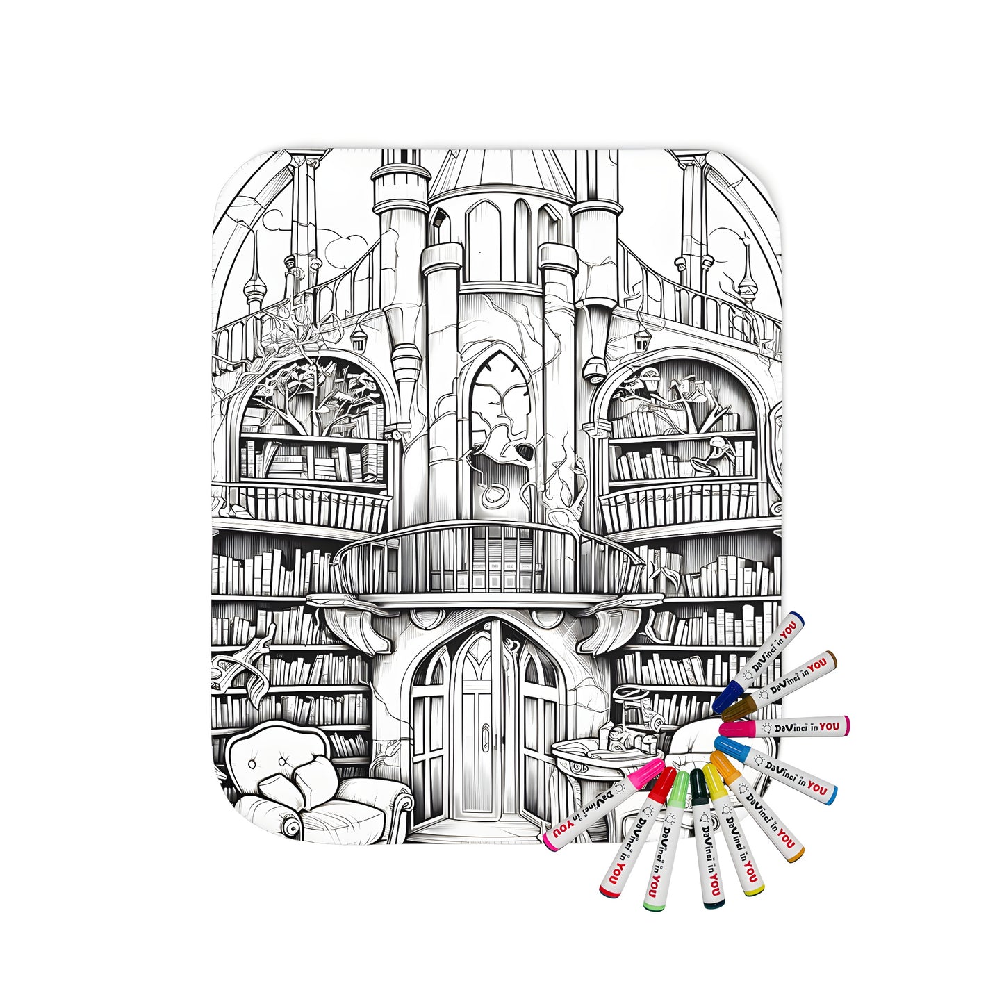 Cozy blanket with an intricate castle illustration, featuring detailed bookshelves and elegant furnishings, perfect for a fantastical library theme