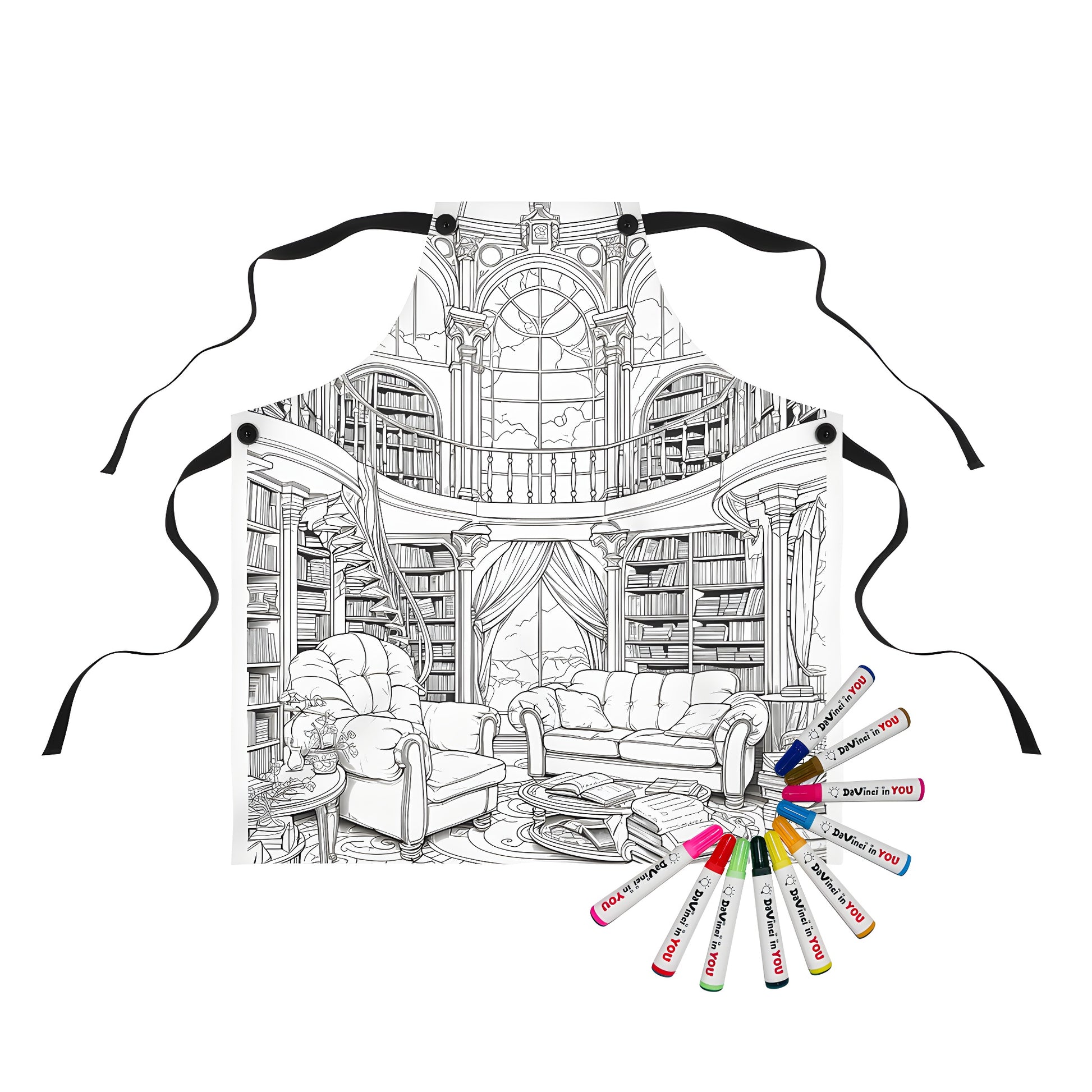 Coloring apron with library bookshelves design, featuring bookmarks, reading nook, and cozy atmosphere