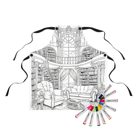 Coloring apron with library bookshelves design, featuring bookmarks, reading nook, and cozy atmosphere