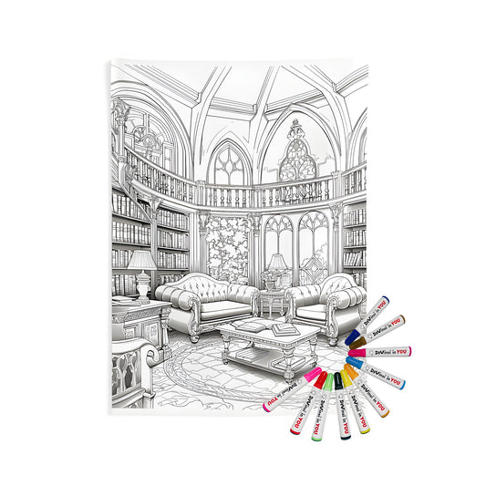 Gothic-style study, bookshelves, armchairs, couches, and central table home decor Indoor Wall Tapestry with library inspiration