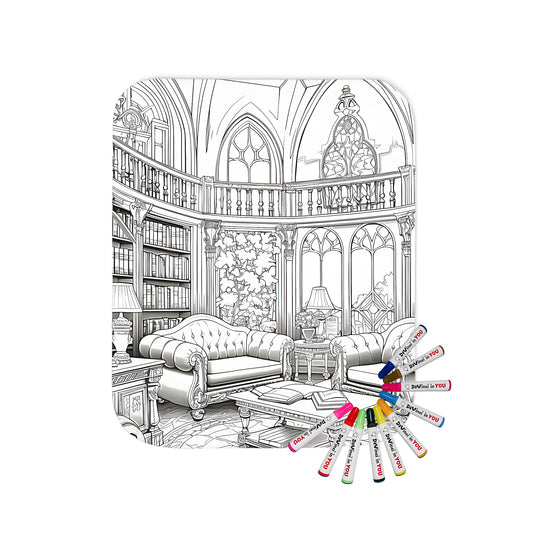 Cozy blanket with a vintage library-inspired design, featuring a detailed gothic-style home library illustration