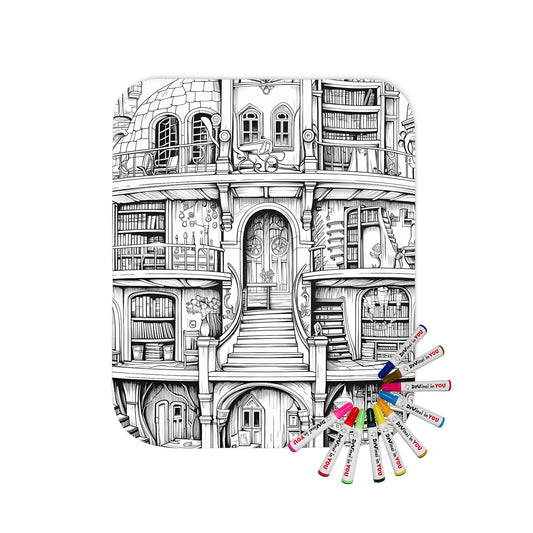 Whimsical fantasy castle blanket with colorful illustrations of magic books, staircases, and enchanted architecture