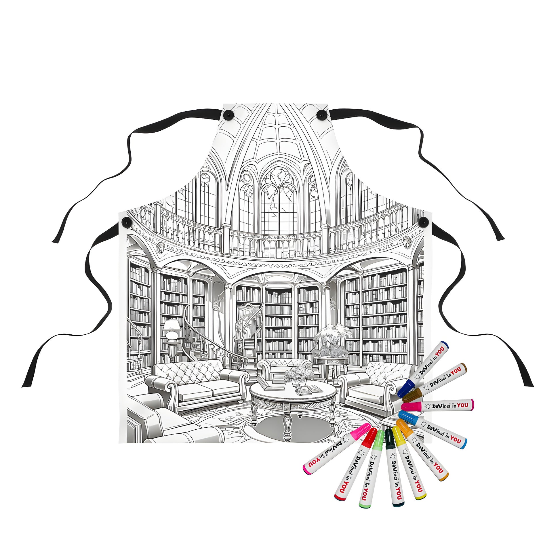 Coloring Apron with library-inspired design featuring bookshelves, sofas, round table, and grand dome ceiling. Includes 10 vibrant fabric markers.