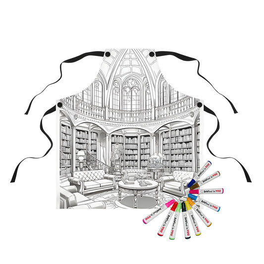 Coloring Apron with library-inspired design featuring bookshelves, sofas, round table, and grand dome ceiling. Includes 10 vibrant fabric markers.