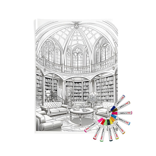 Indoor wall tapestry featuring a luxurious library design with bookshelves, sofas, and a grand dome ceiling, perfect for home decor