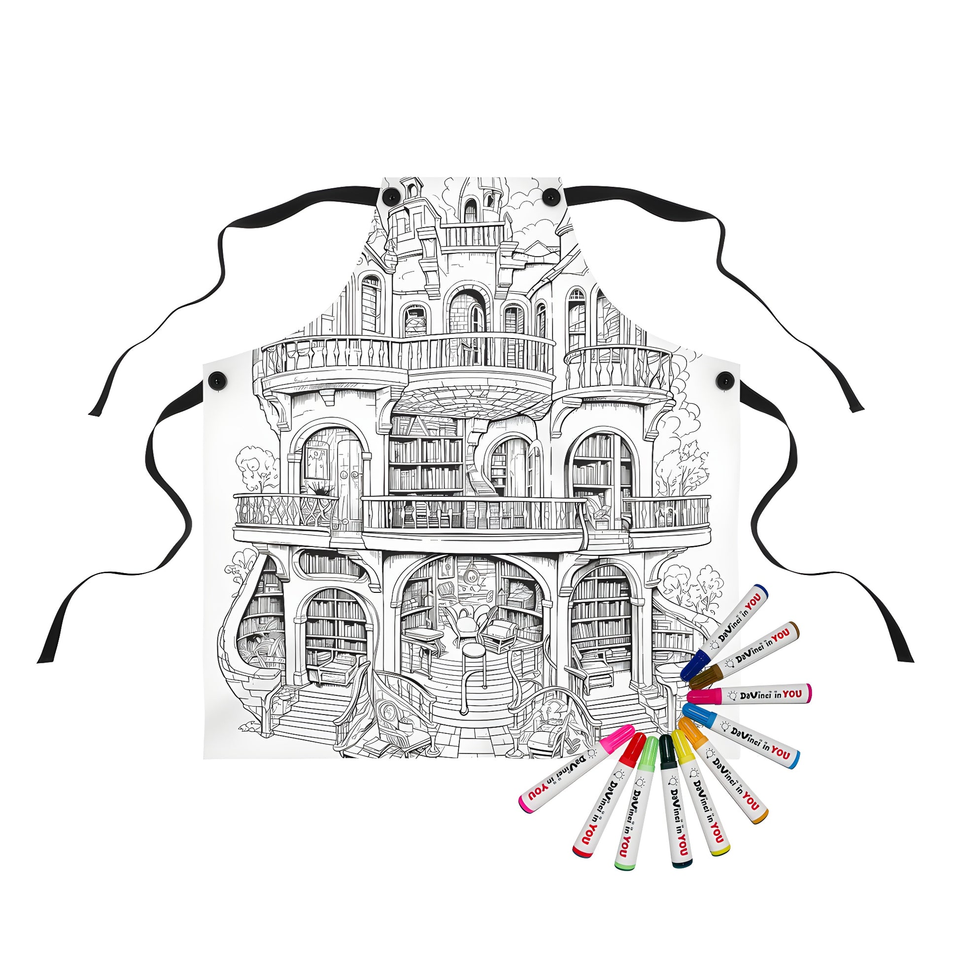 Coloring page apron featuring an intricate drawing of a fantasy library house with books, winding staircases, balconies, and spired rooftops.