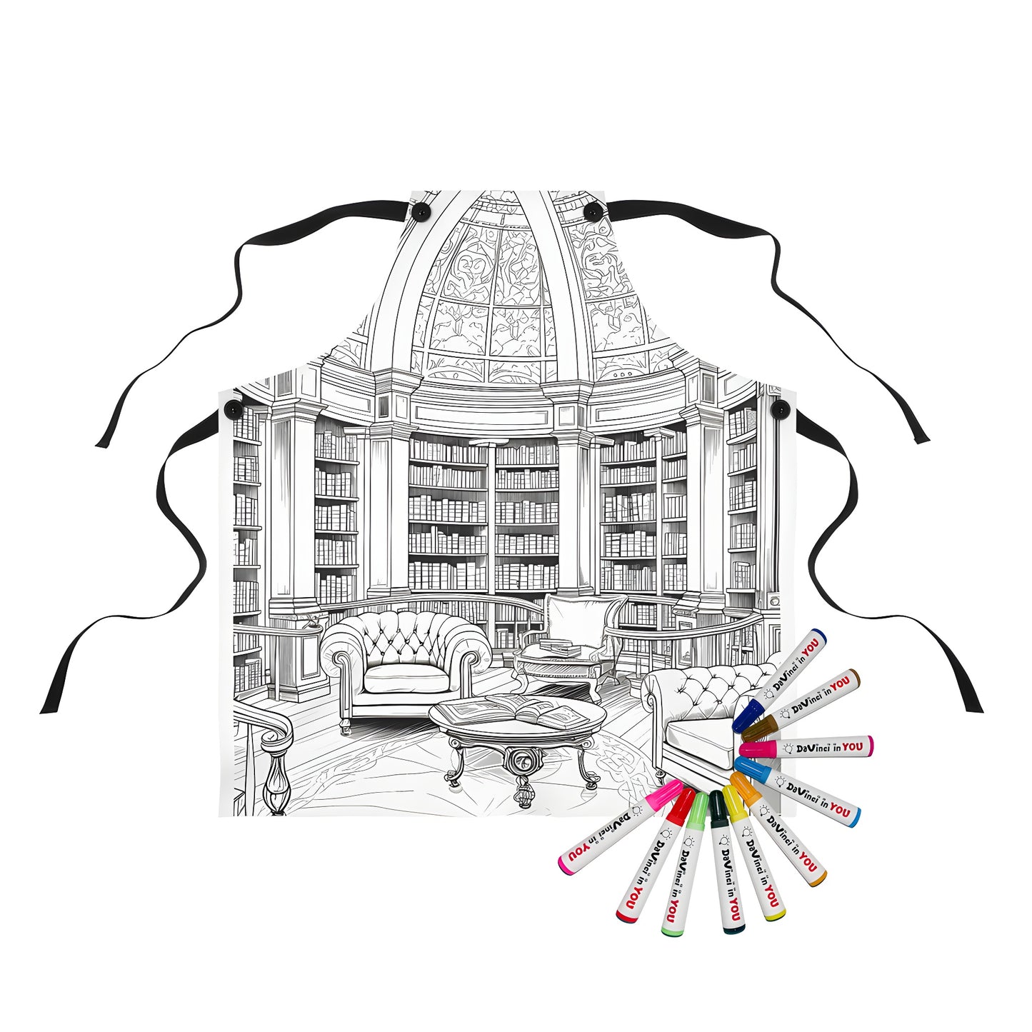 Elegant library interior design apron, featuring a domed ceiling, bookshelves, and cozy seating arrangements. A coloring kit accessory with fabric markers included.