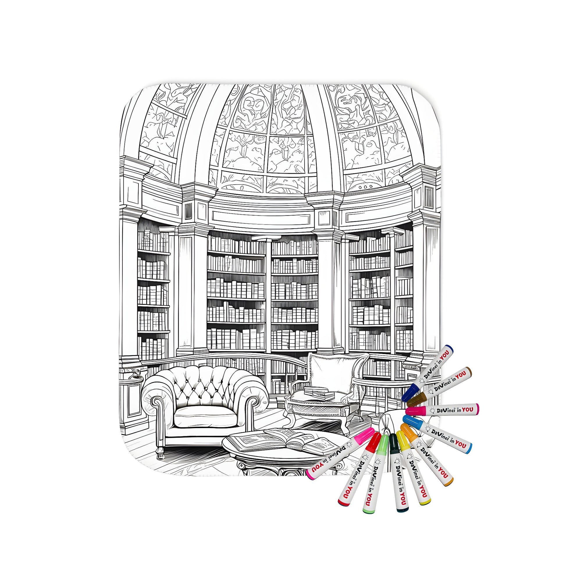 Cozy library interior themed blanket with vibrant fabric markers