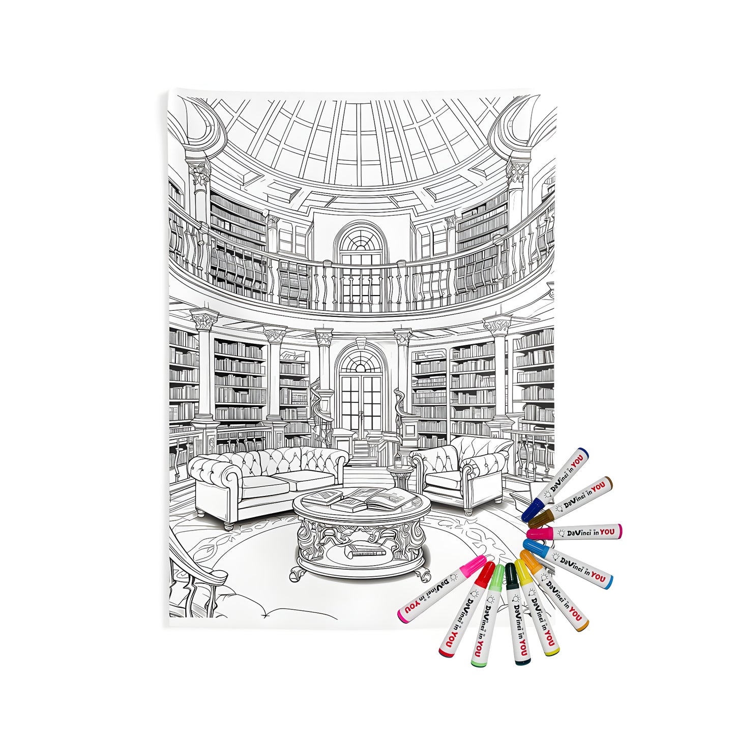 A detailed black and white drawing of an elegant home library, study, or reading nook-inspired indoor wall tapestries with high bookshelves, sofas, and a round table