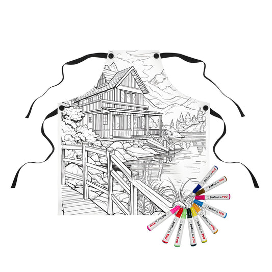 Coloring apron featuring a detailed lakeside cabin scene with wooden bridge, trees, and mountains