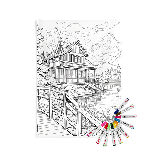 Lakeside cabin wall tapestry for home decor, featuring a detailed coloring page of a serene lakeside scene with wooden bridge, trees, rocks, and mountains