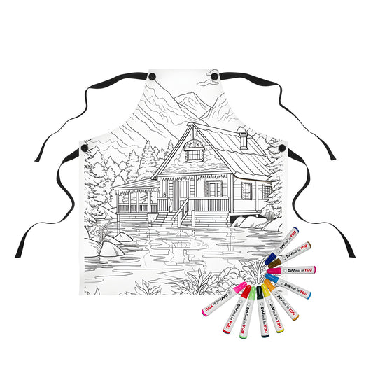 Cozy Cabin Artwork Apron for Adults and Kids - Detailed Coloring Page Design