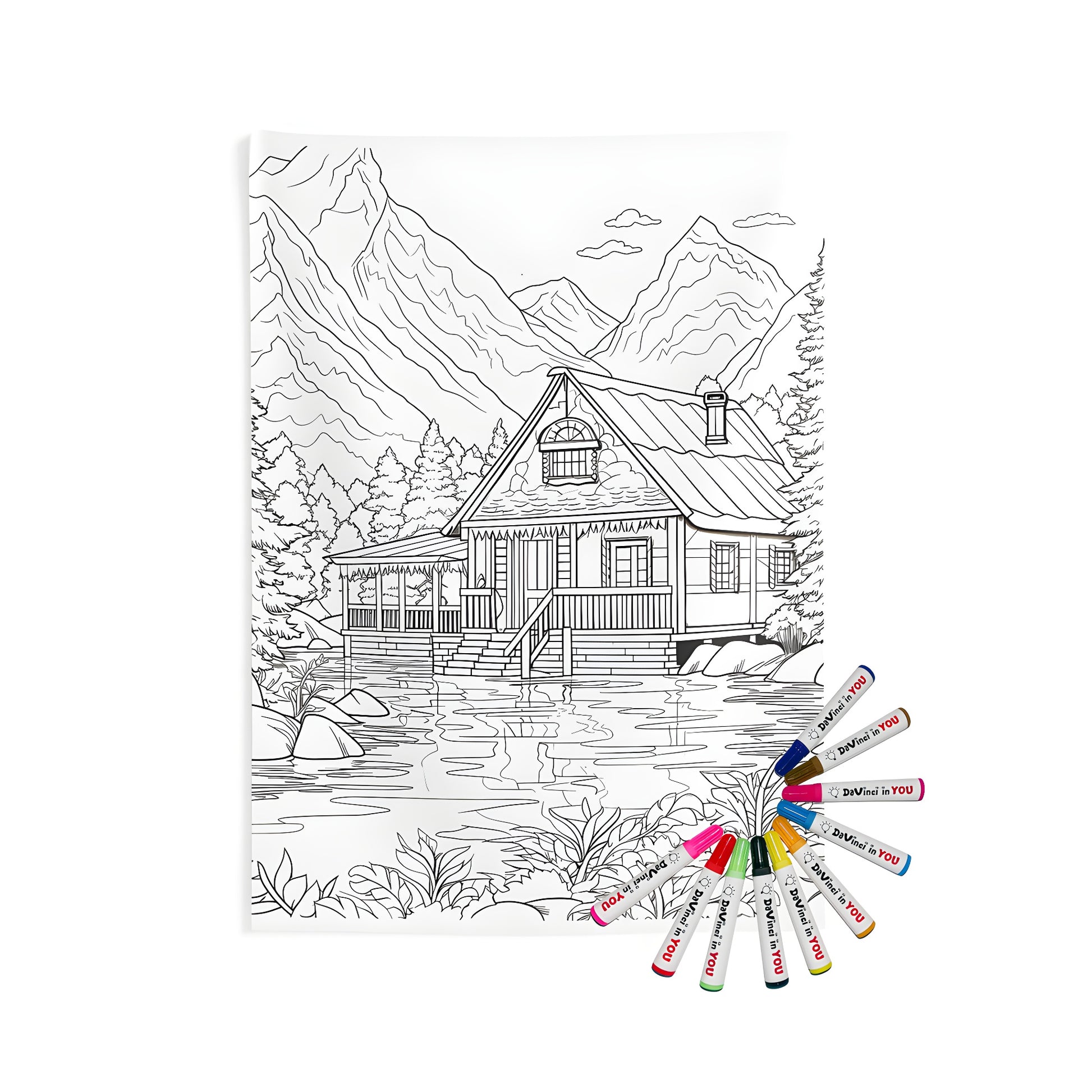 A detailed indoor wall tapestry featuring a cabin by the lake surrounded by trees and mountains in the background. Perfect for mountain lovers, woodsy retreats, or cozy cabins.