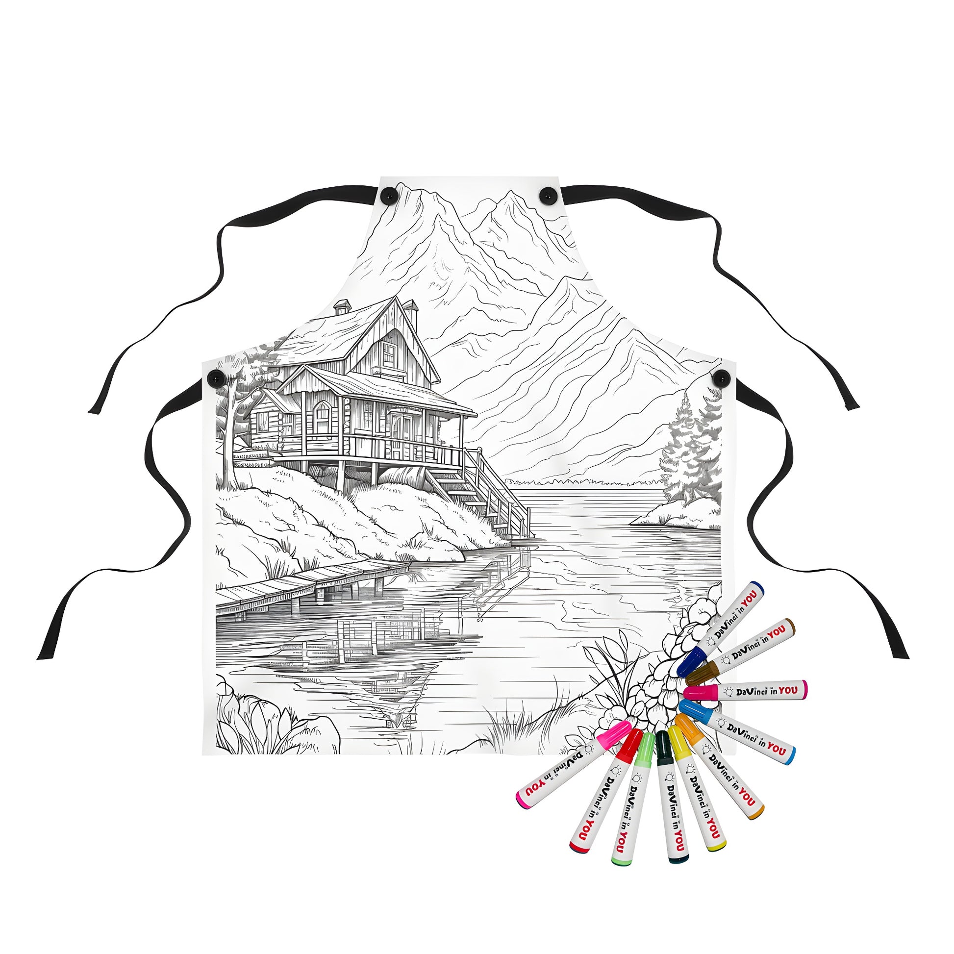 Detailed line drawing of a cozy mountain retreat cabin apron with lake reflection