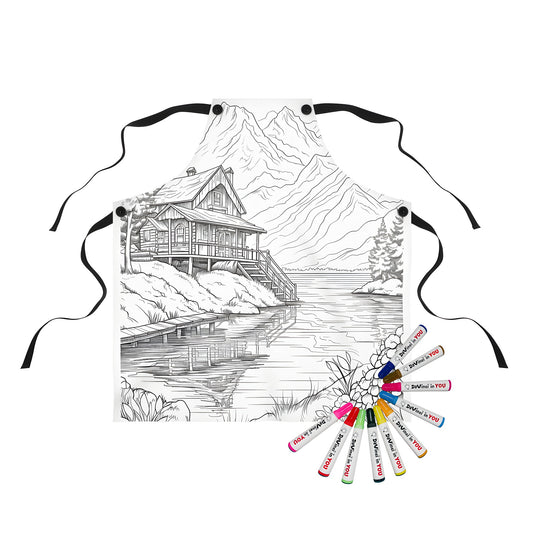 Detailed line drawing of a cozy mountain retreat cabin apron with lake reflection