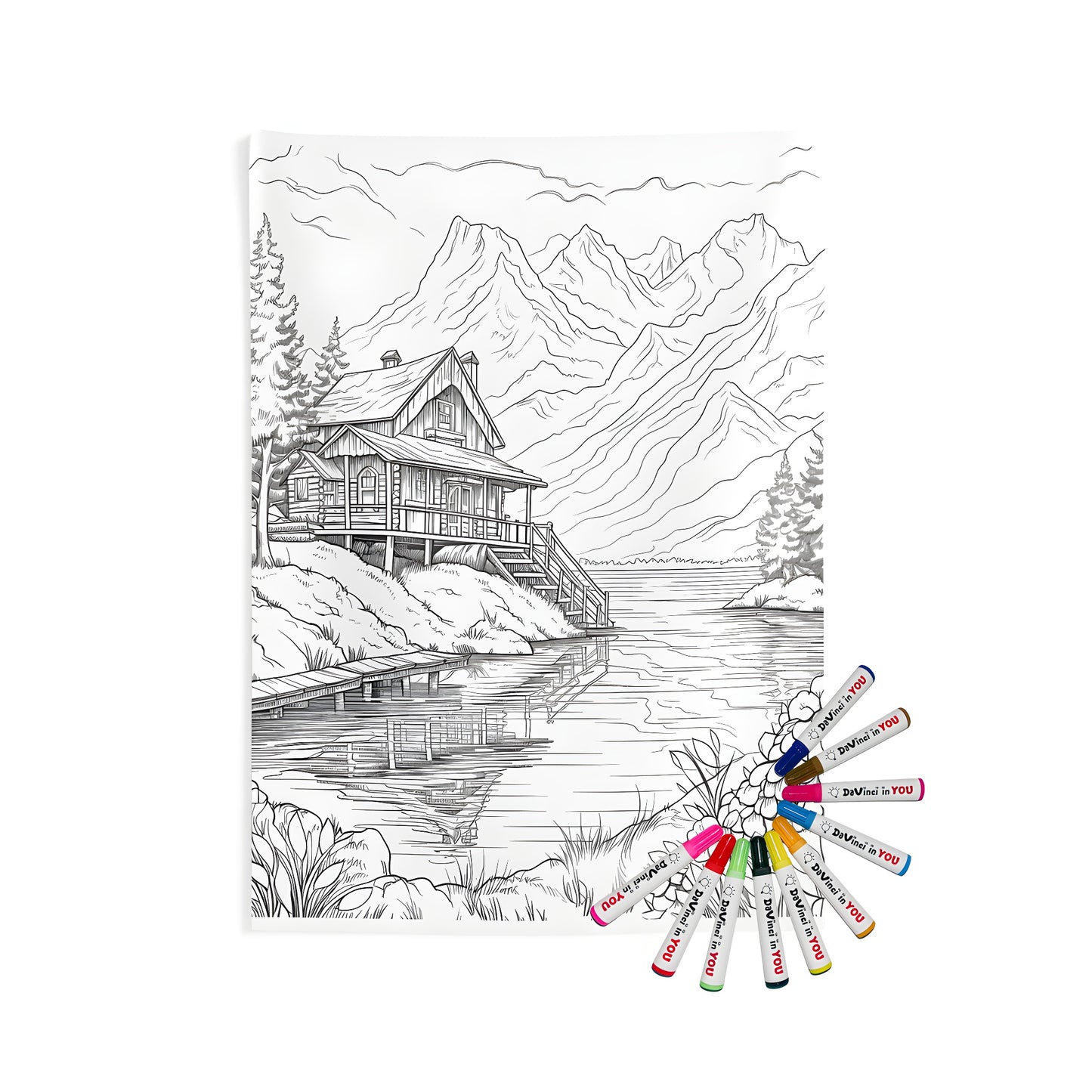 Mountain lodge wall tapestry, cabin scene art print, detailed line drawing of a cozy mountain cabin by a serene lake with reflections, surrounded by lush green trees and vibrant flowers. Perfect for home decor, wall hanging, or gift.