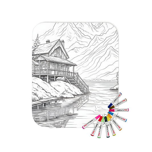 Cozy blanket with detailed line drawing of a mountain lodge cabin scene