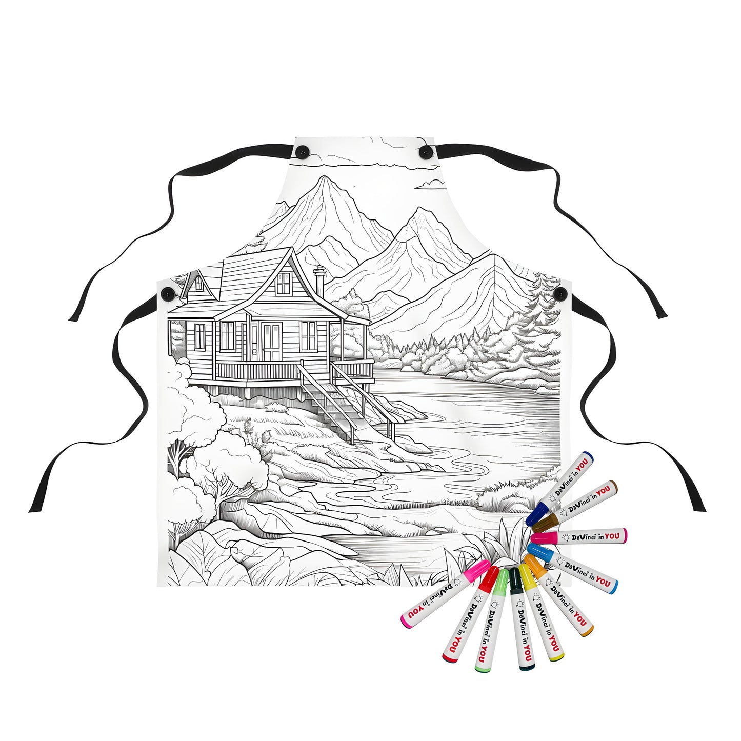 Mountain cabin, cabin scene, lakeside retreat illustration apron